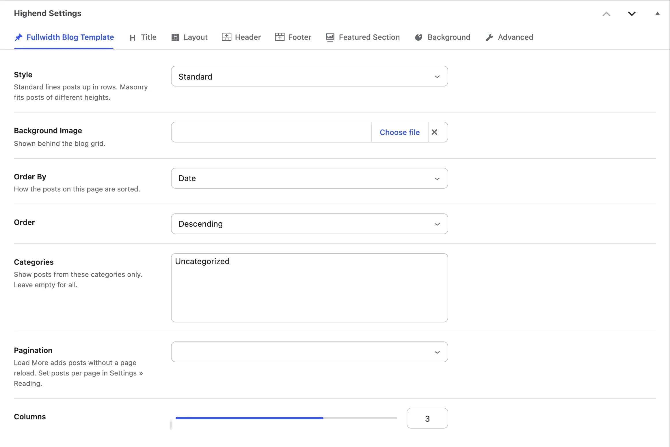 The Fullwidth Blog Template tab