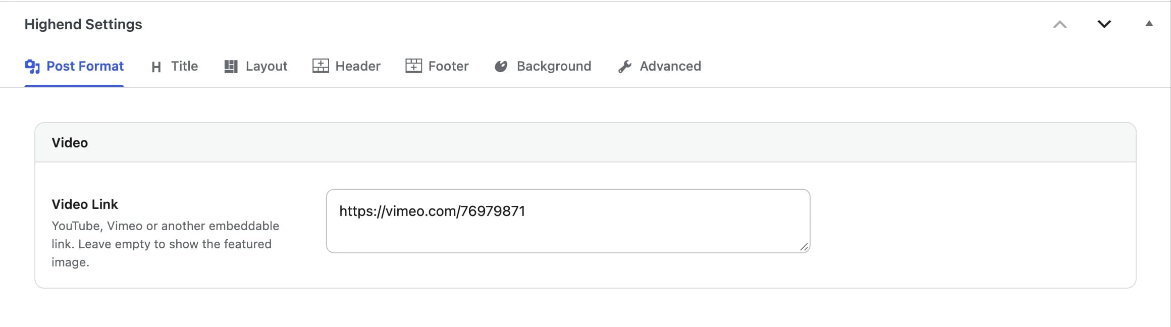The Post Format tab with the Video post format selected