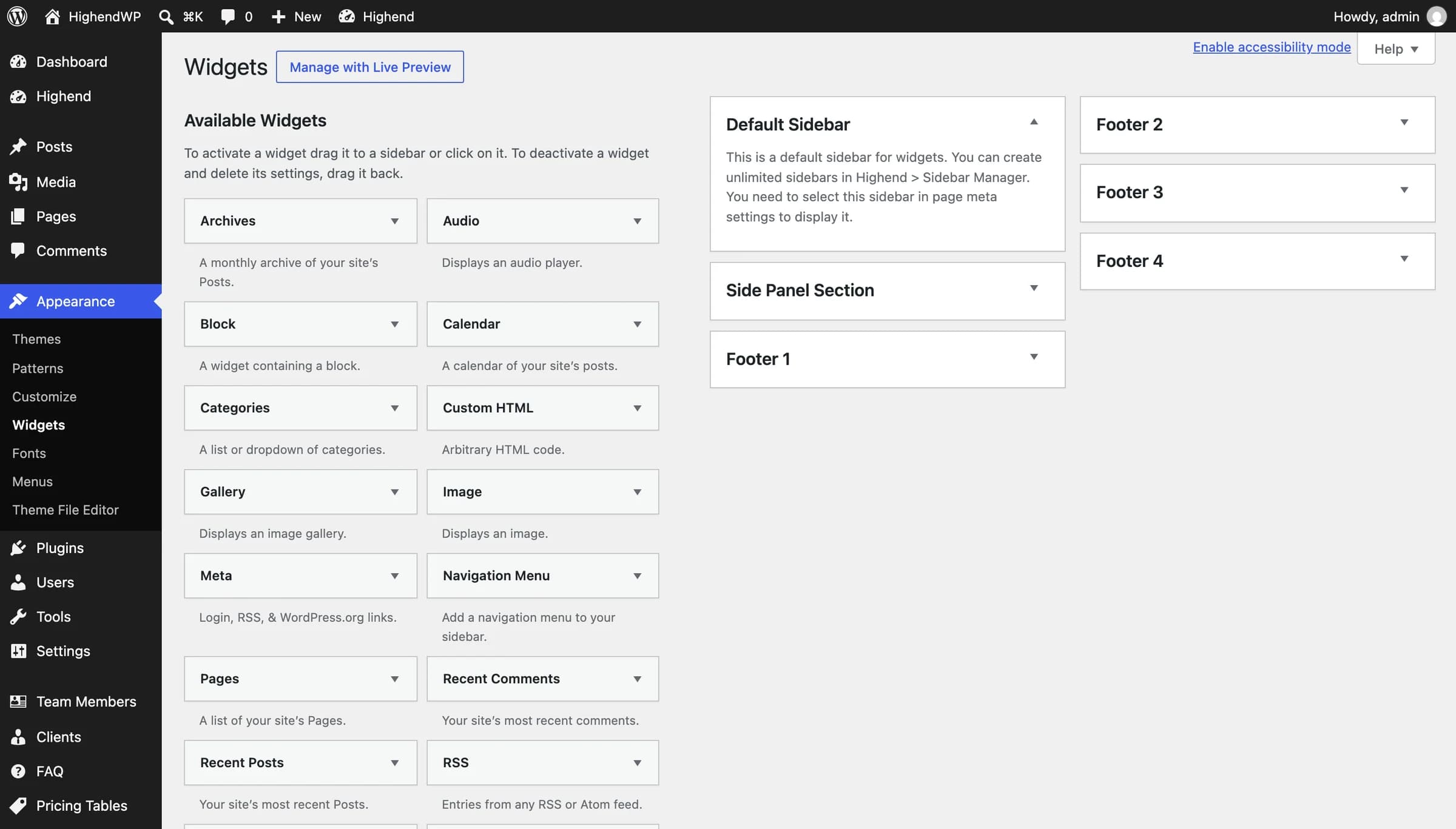 The Widgets screen listing Highend's built-in widget areas