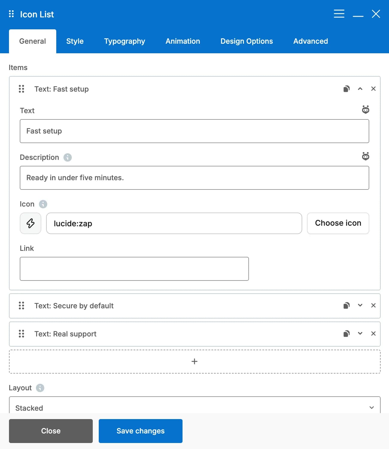 The Icon List settings panel with the first item open, showing its Text, Description, Icon and Link fields