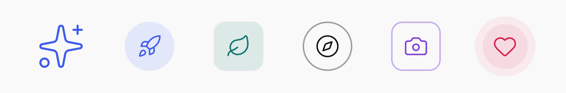 Six icons: a large sparkles icon on its own, a rocket in a tinted circle, a leaf in a rounded square, a compass in a circle outline, a camera in a rounded square outline and a heart in a halo