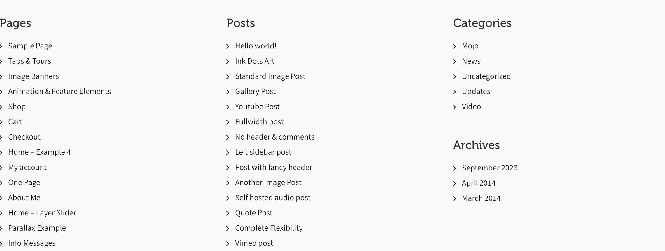 Sitemap showing Pages, Posts, Categories, and Archives columns