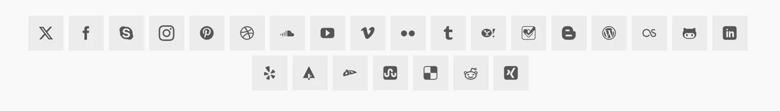 Social Icons showing 25 dark small icons in two rows