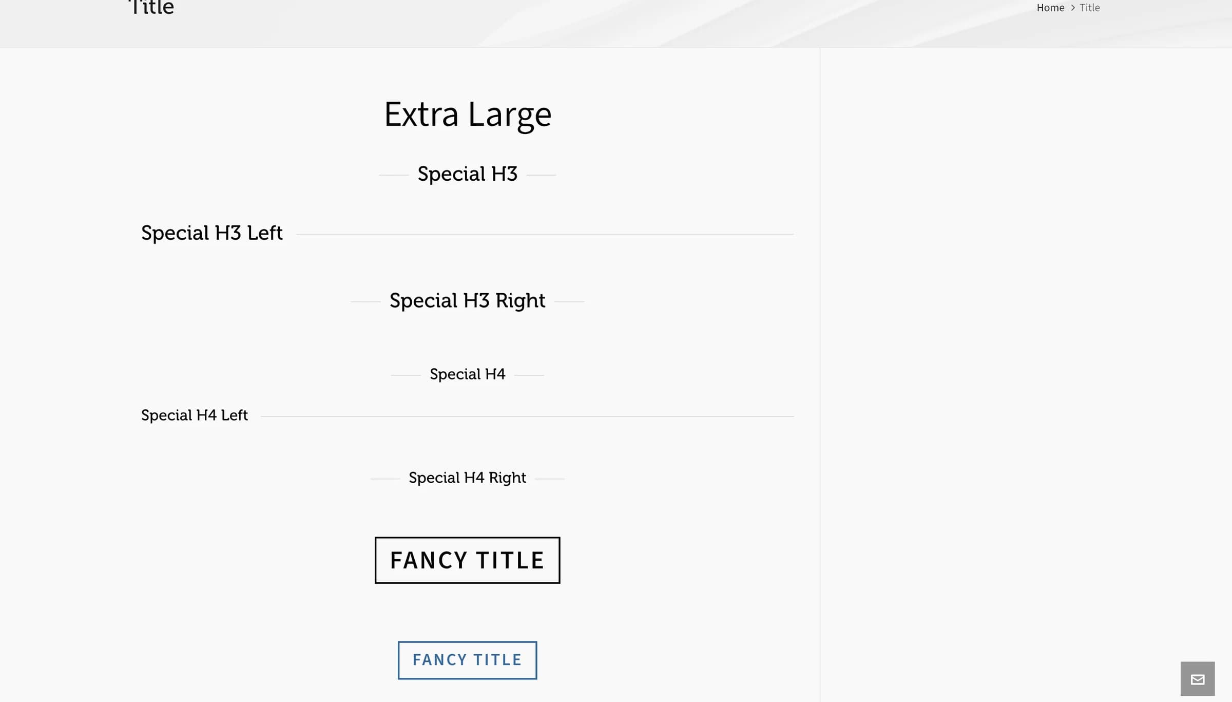 Several title styles stacked: Special H3, Special H3 Left, Special H3 Right, Special H4 variants, and Fancy Title