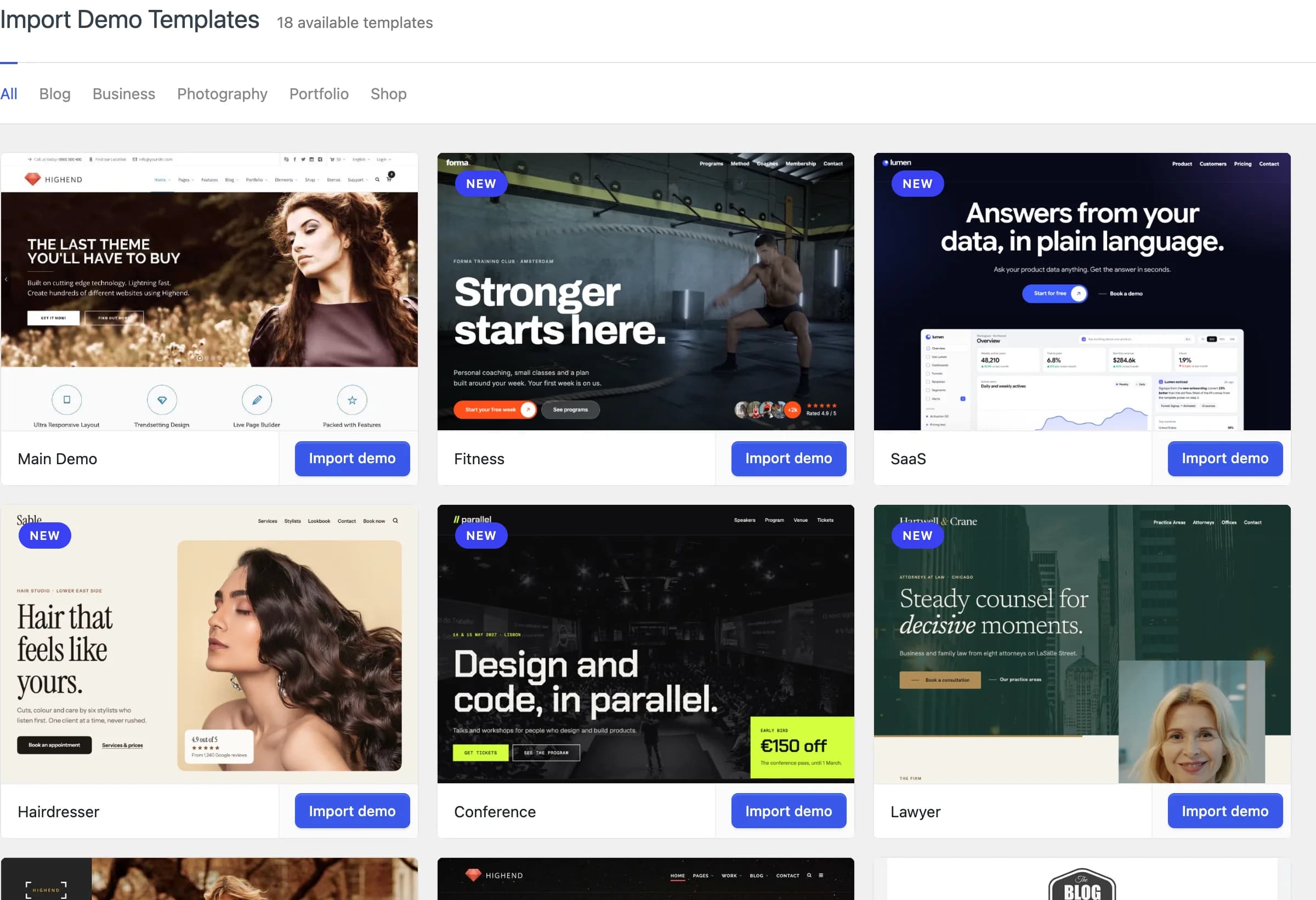 The Import Demos screen showing the prebuilt websites, filterable by category
