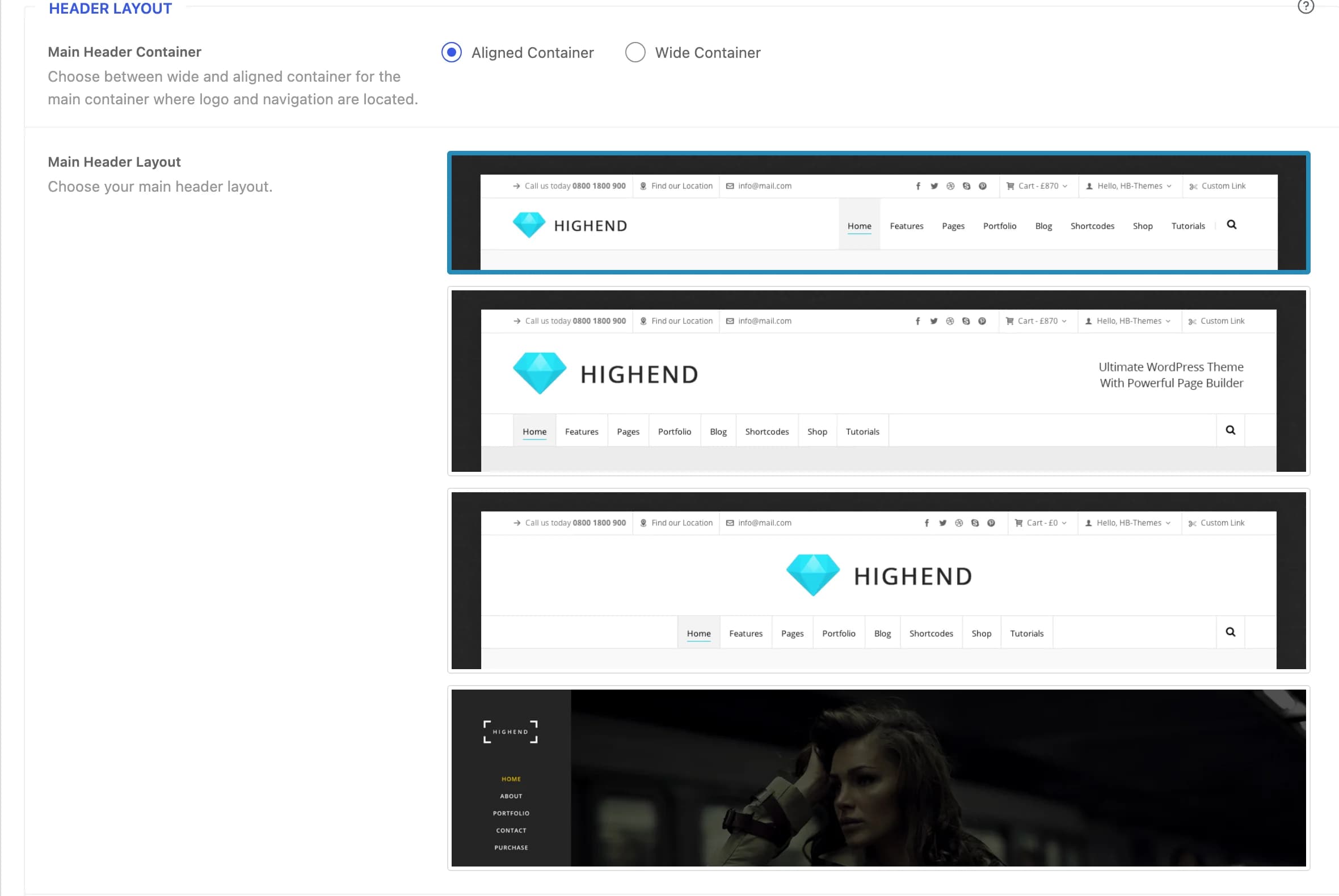 Main Header Layout picker with Side Navigation selected