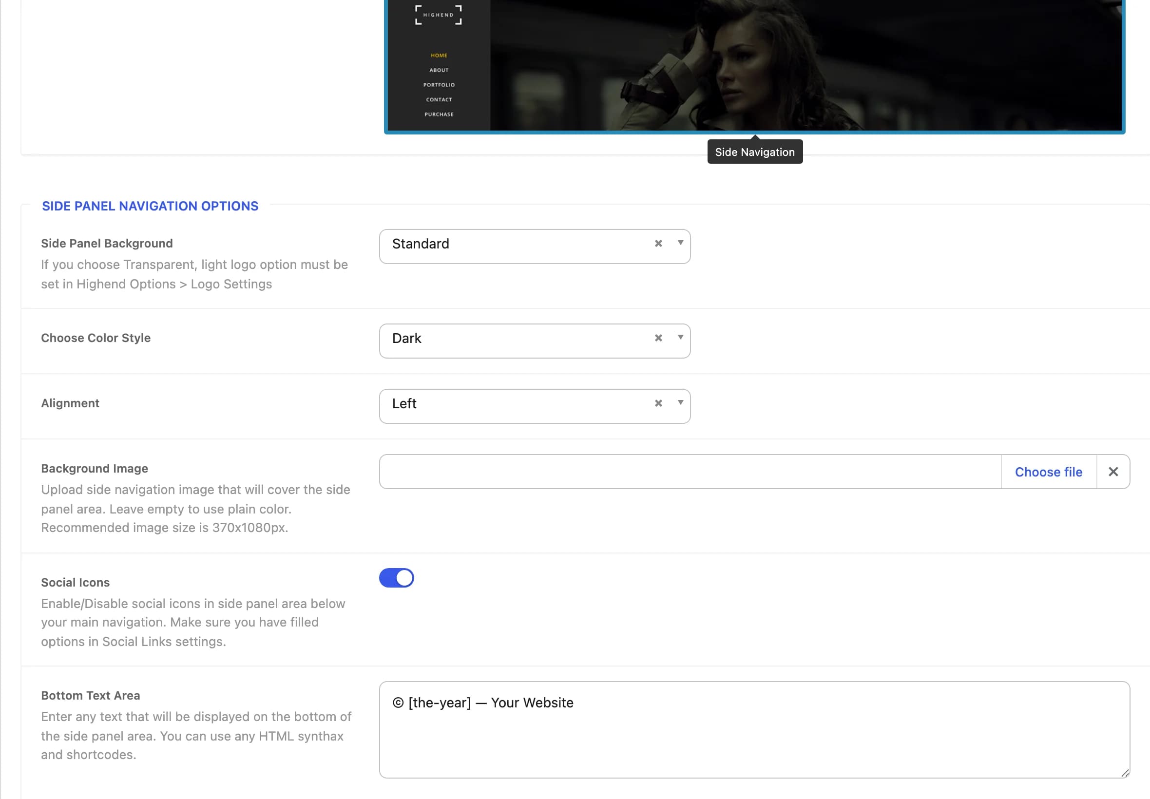 Side Panel Navigation Options fields