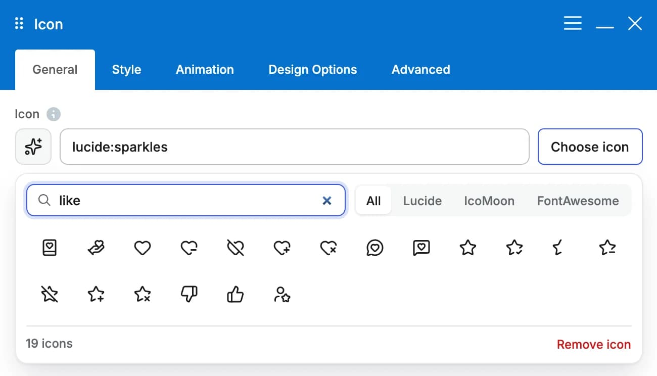 The Icon element's icon field with the picker open below it: a search for "like" shows hearts, stars and thumbs up from Lucide, with set buttons for All, Lucide, IcoMoon and FontAwesome