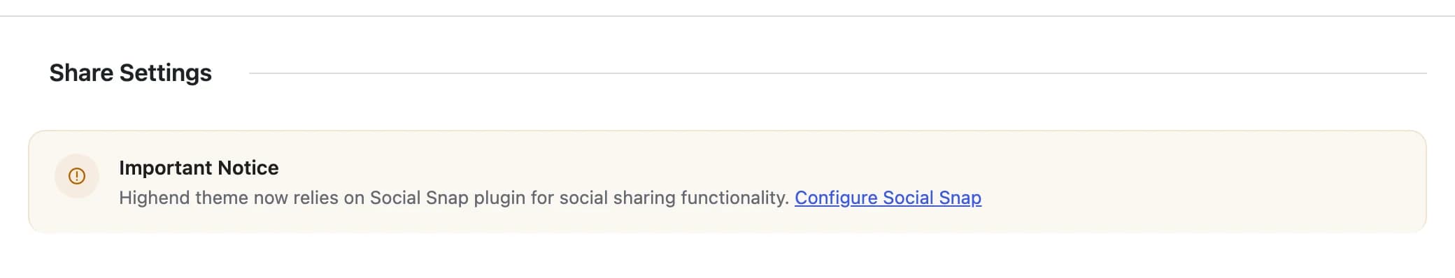 The Share Settings tab in Highend Options after Social Snap is activated, showing the "relies on Social Snap" notice