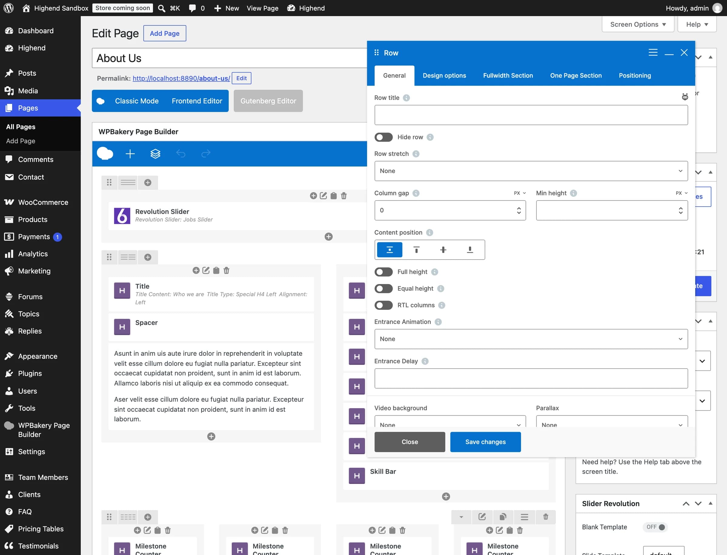 The Row edit panel showing the General, Design options, Fullwidth Section, One Page Section, and Positioning tabs