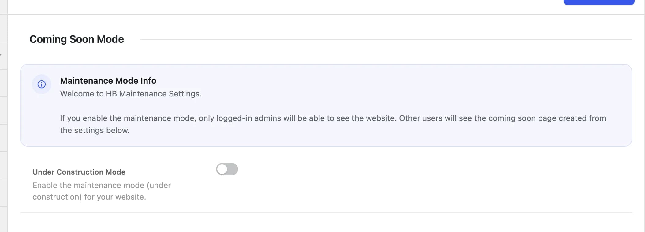 The Coming Soon Mode tab in Highend Options