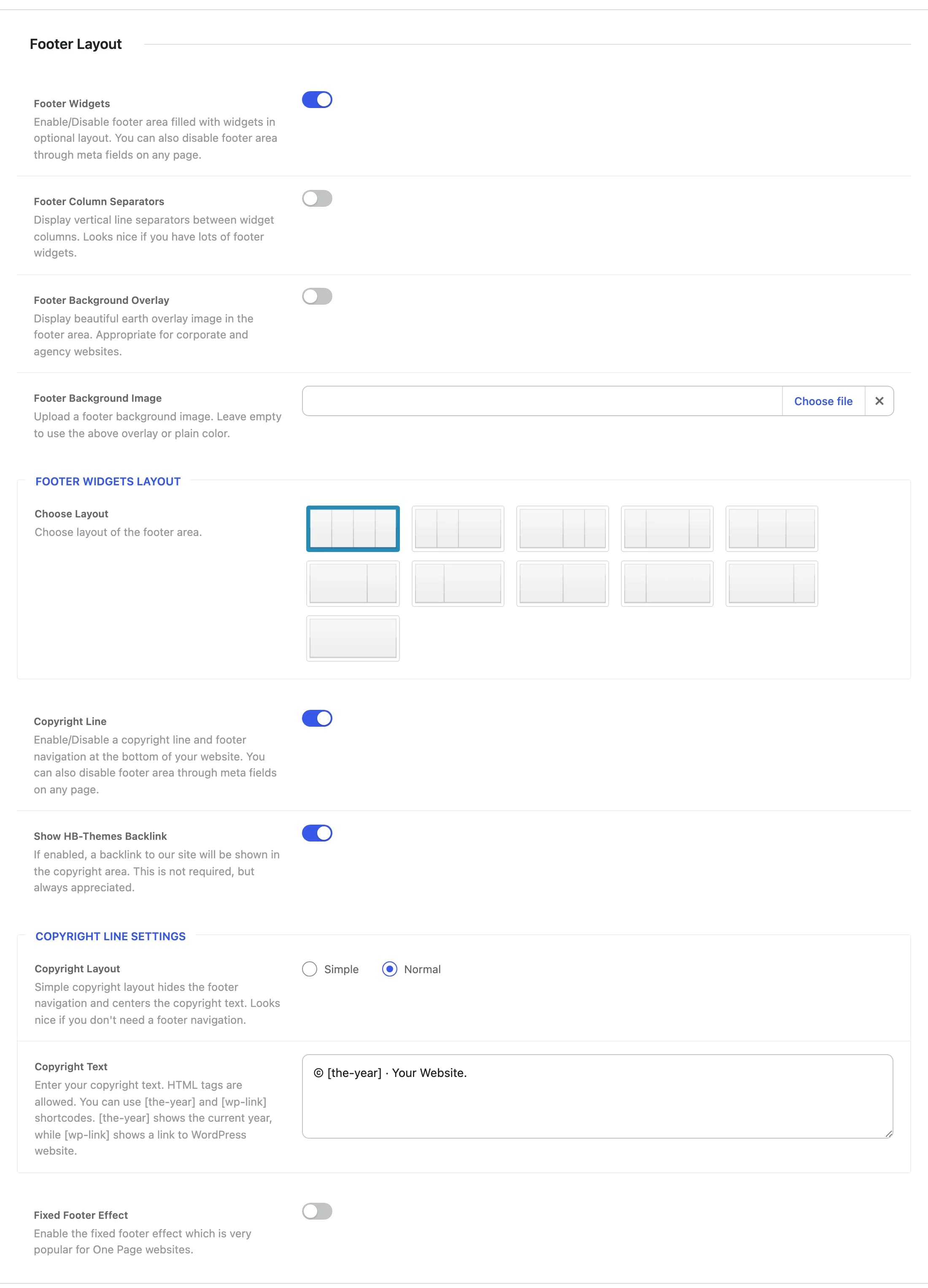 The Footer Layout tab, showing the footer column layout picker and Copyright Line Settings