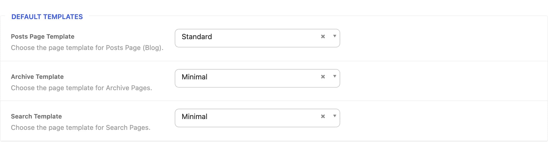The Default Templates section