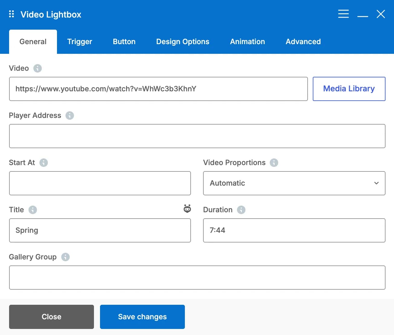 The Video Lightbox settings panel: the Video field with a Media Library button, Player Address, Start At, Video Proportions, Title, Duration and Gallery Group