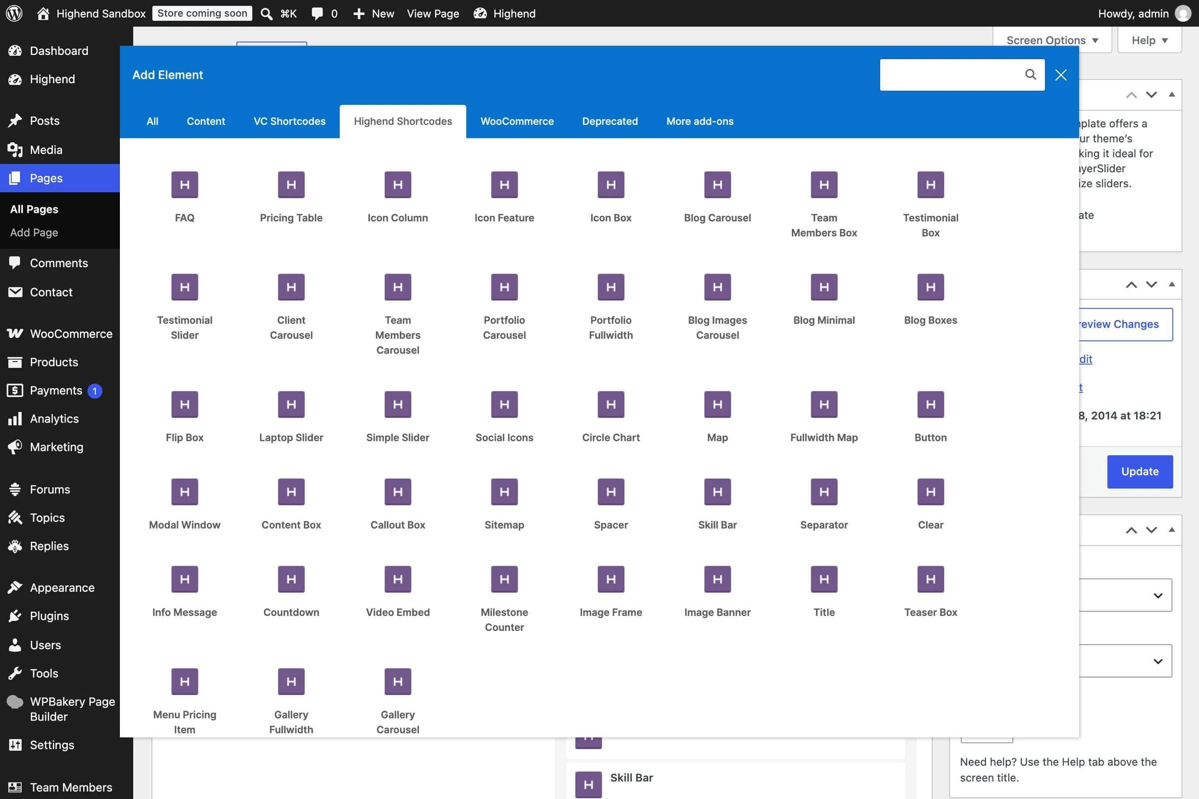 The Add Element dialog with the Highend Shortcodes tab open, showing icon box, pricing table, testimonial, and other Highend elements