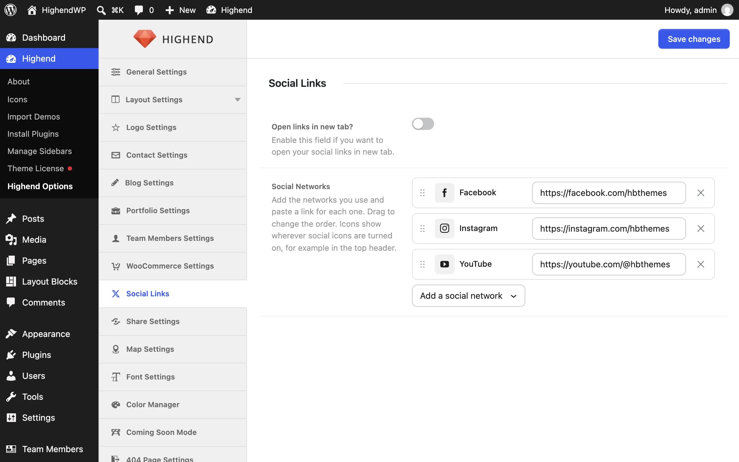 The Social Links tab in Highend Options